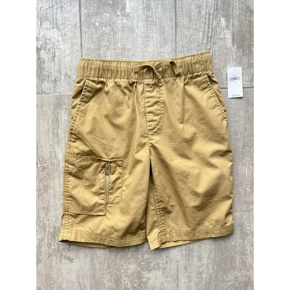 GAP Kids Boy Drawstring Elastic Short Pull-On Khaki Cargo Zip Pocket NEW S 6-7..